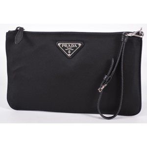 Prada Black Tessuto Nylon Pouch Case Clutch w Silver Prada Logo 1NH545,  Small